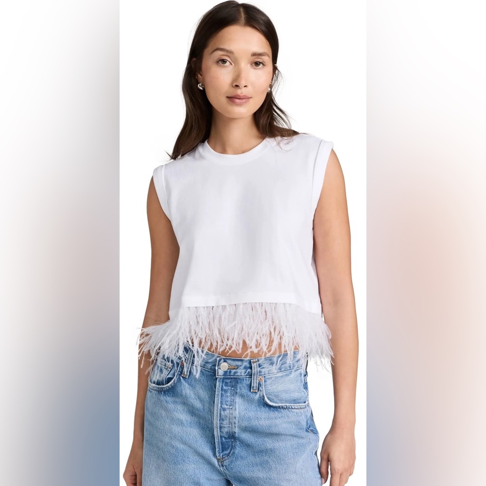 CINQ A SEPT CROPPED FEATHER TEE Sz MED